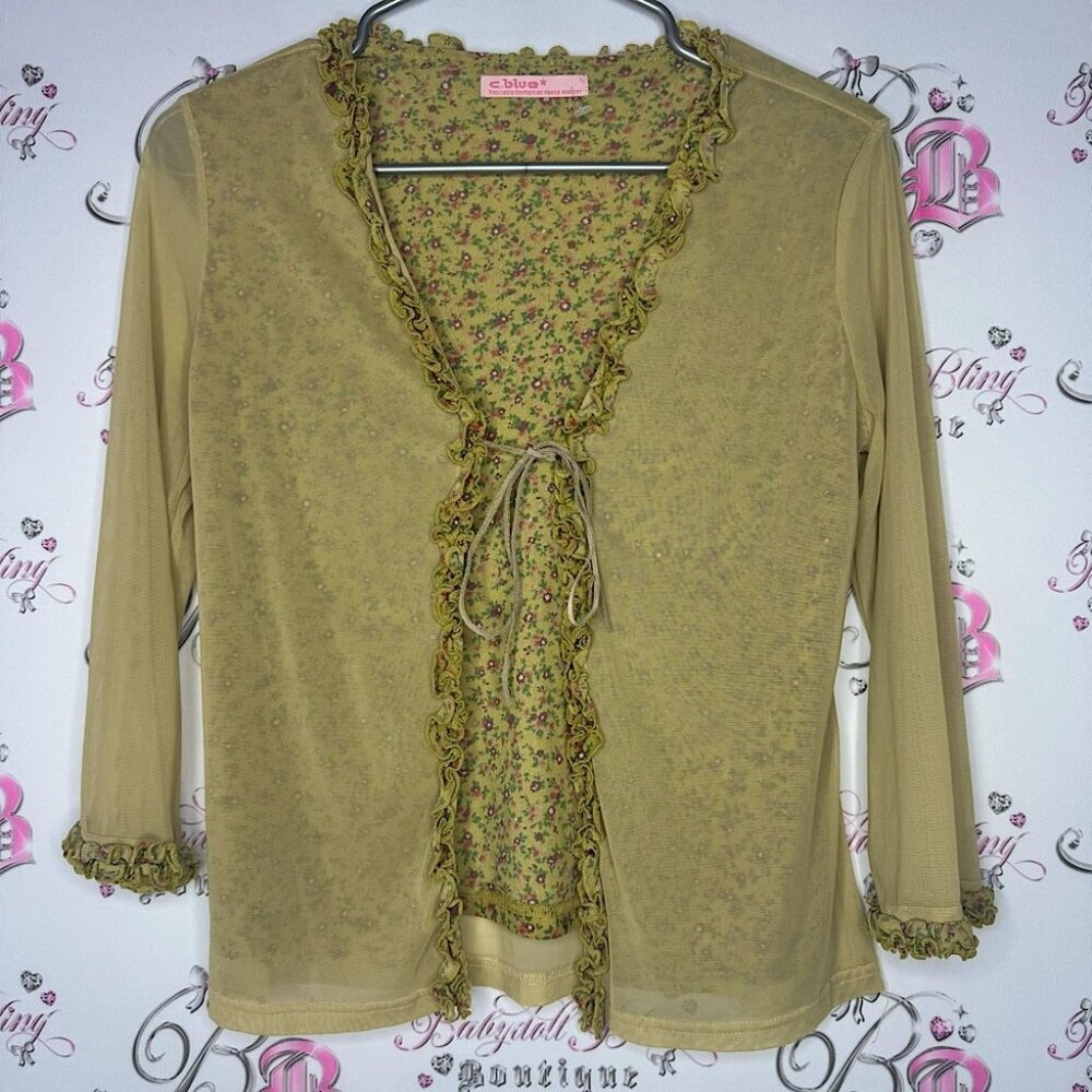 c.blue cardigan top tie up mesh floral flowers tie up ribbon stretchy y2k rare